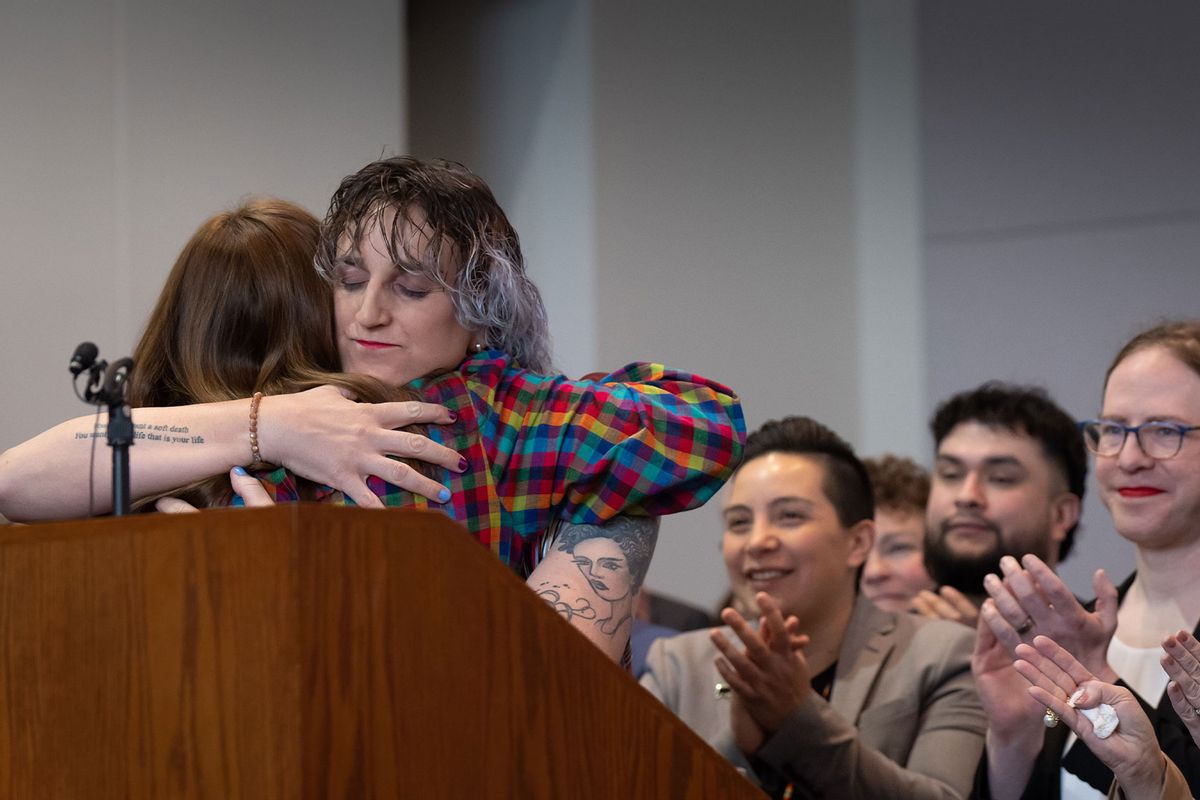 Rep. Leigh Finke, DFL-St. Paul, author of the trans refugee bill hugged Lt. Gov. Peggy Flanagan Thursday, April 27, 2023 St. Paul, Minn. (Glen Stubbe/Star Tribune via Getty Images)