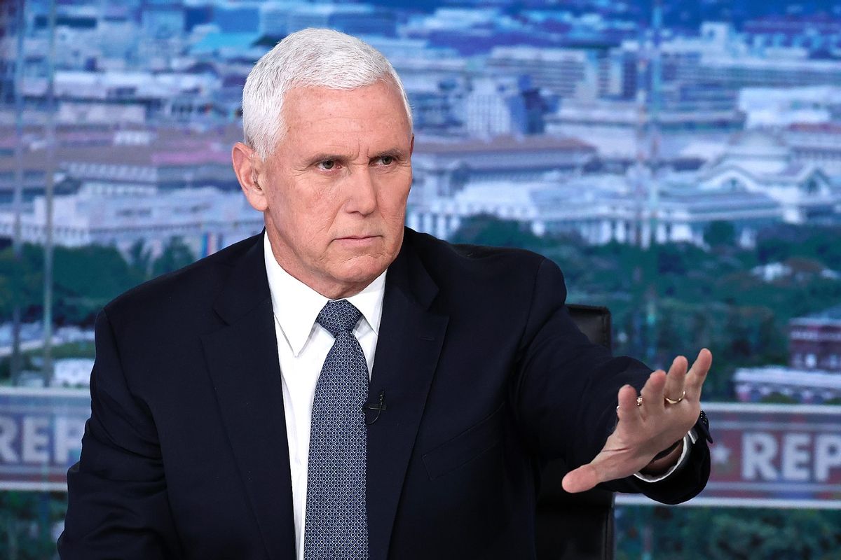Former Vice President Mike Pence visits FOX News Channel’s "America Reports" with John Roberts at the FOX News D.C. Bureau on January 30, 2024 in Washington, DC. (Paul Morigi/Getty Images)