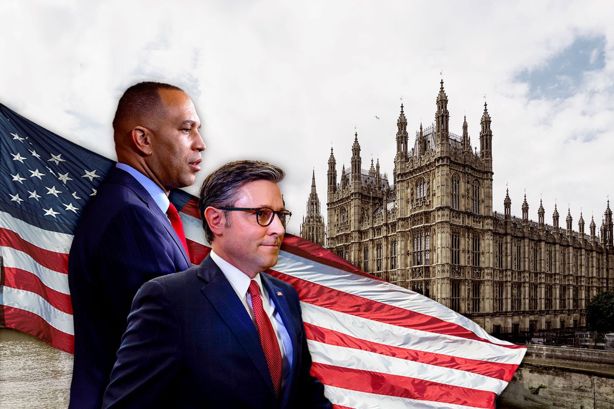 Hakeem Jeffries and Mike Johnson | American flag in front of UK House of Parliament (Photo illustration by Salon/Getty Images)