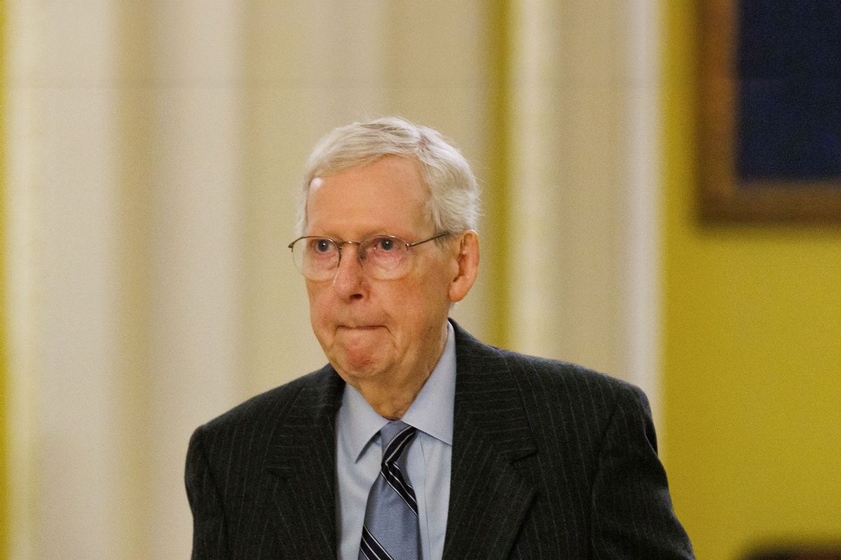 Senate Minority Leader Mitch McConnell is seen outside the Senate Chamber in the Capitol Building in Washington, D.C., on February 28, 2024. (Aaron Schwartz/NurPhoto via Getty Images)