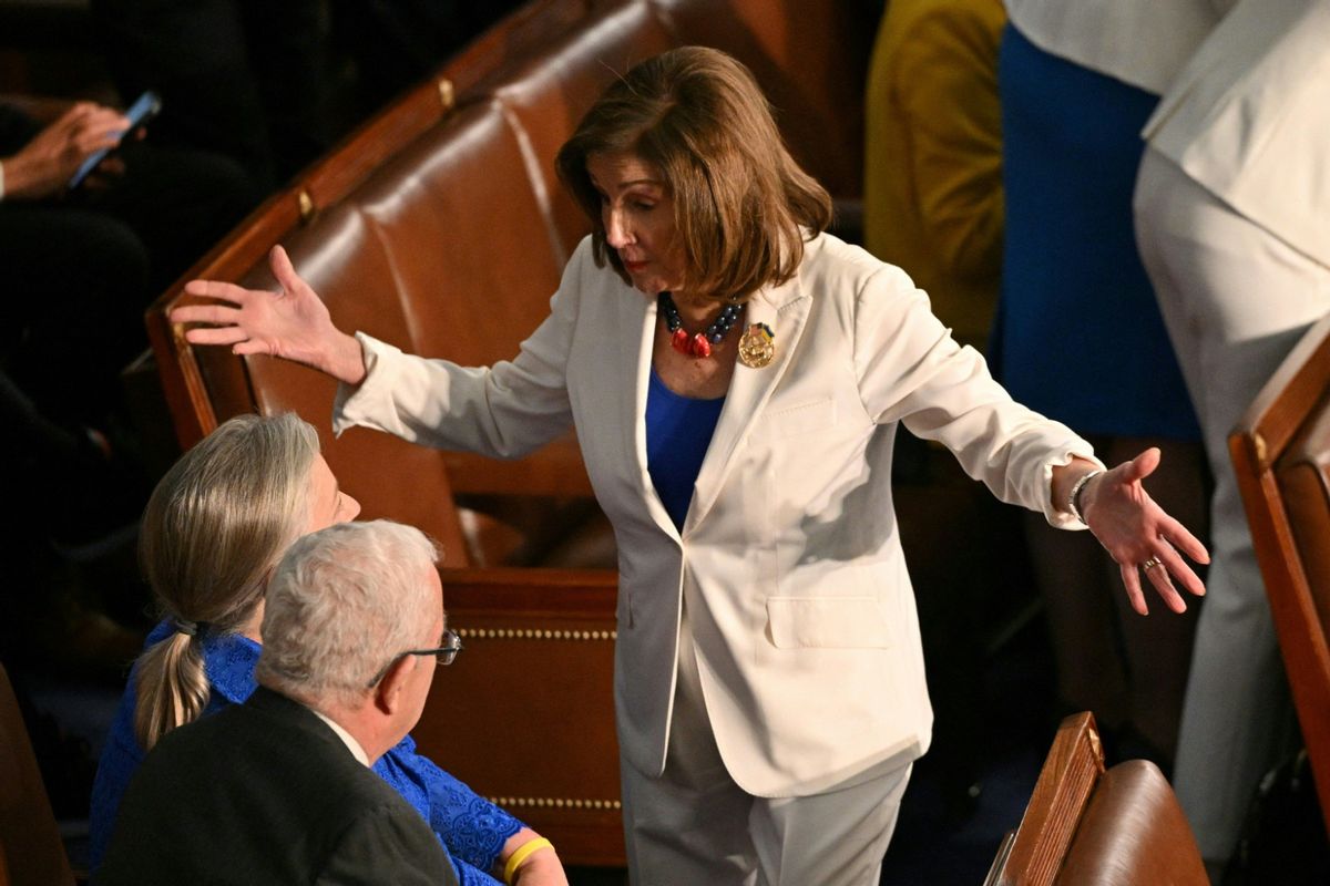 Rep. Nancy Pelosi (D-CA) gestures prior to U.S. President Joe Biden's State of the Union address in the House Chamber of the U.S. Capitol in Washington, DC, on March 7, 2024.  (MANDEL NGAN/AFP via Getty Images)
