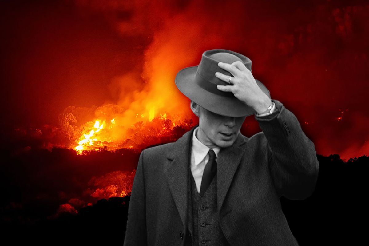 Oppenheimer | A wildfire burning through the night in the Western Cape, South Africa. (Photo illustration by Salon/Getty Images/Universal Pictures)