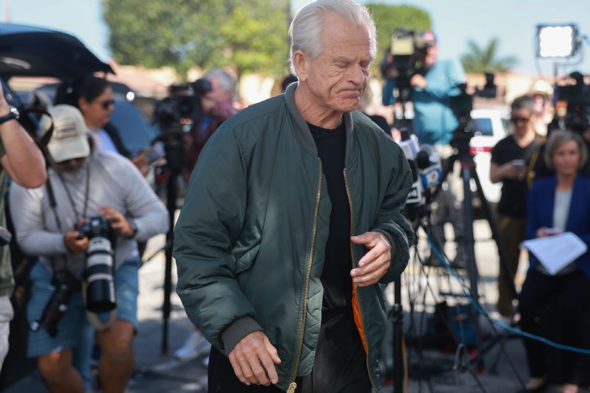 Former Donald Trump adviser Peter Navarro walks away after holding a press conference before turning himself in to a federal prison on March 19, 2024, in Miami, Florida.  (Joe Raedle/Getty Images)