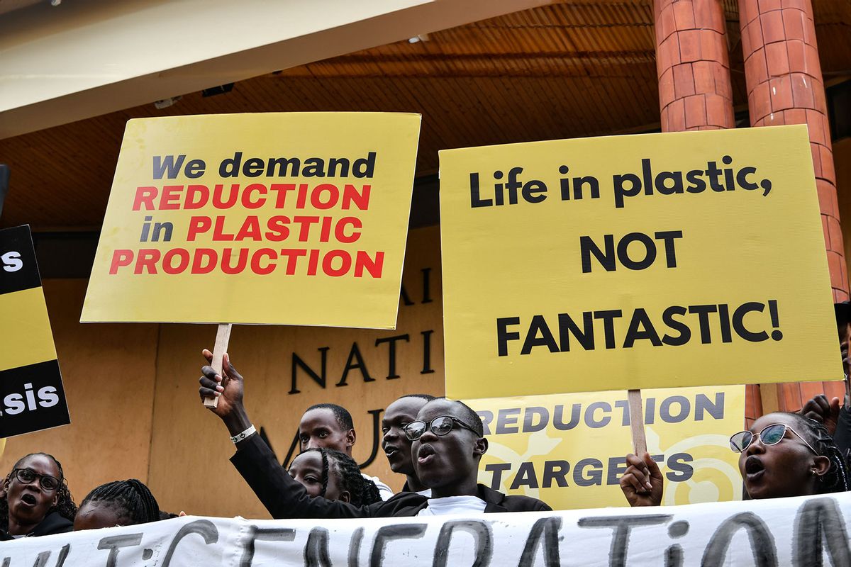 Green campaigners organized by the "BreakFreeFromPlastic movement" march through the streets in Nairobi, Kenya, Nov. 11, 2023. (Han Xu/Xinhua via Getty Images)