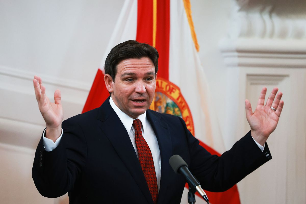 Florida Gov. Ron DeSantis speaks during a news conference on February 05, 2024 in Miami Beach, Florida. (Joe Raedle/Getty Images)
