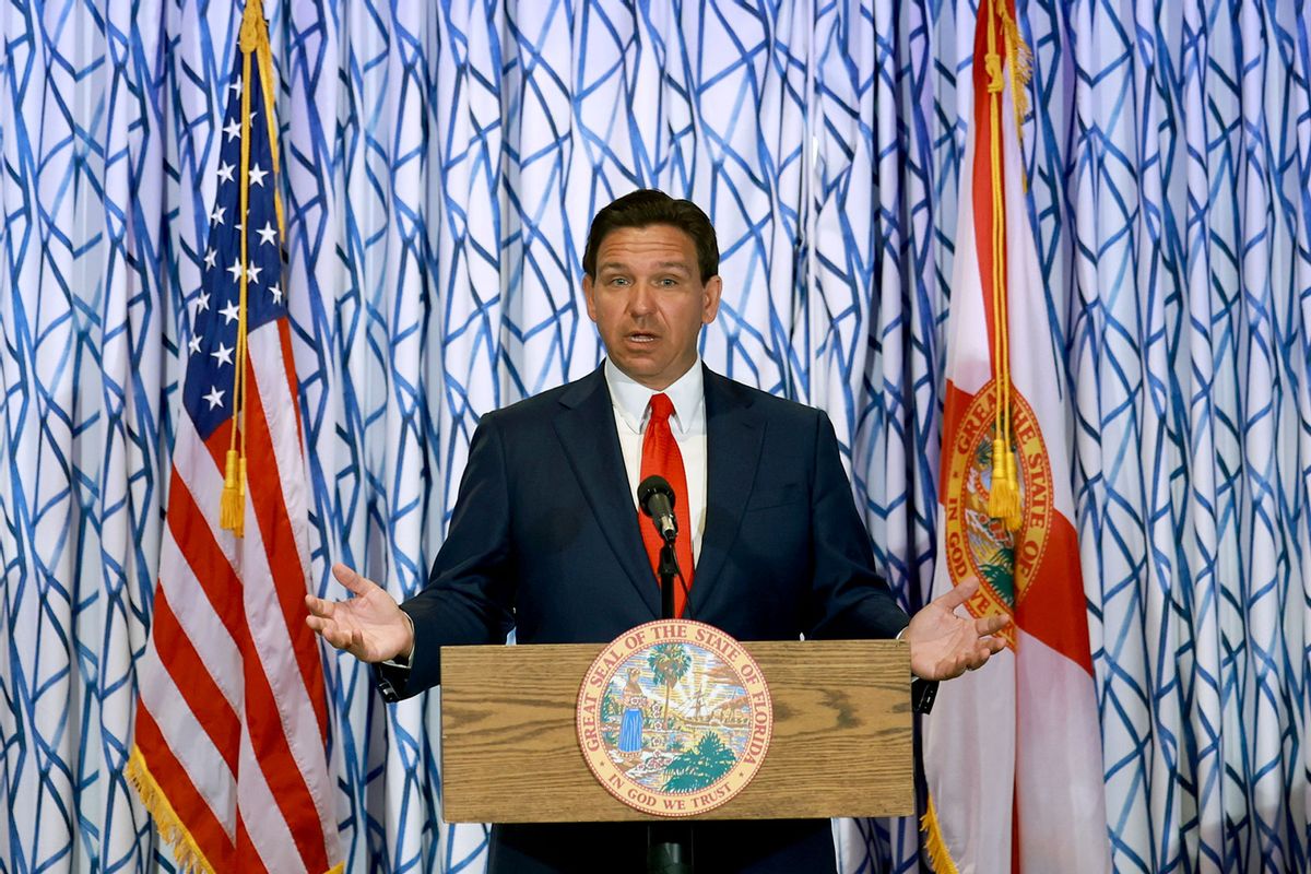 Florida Gov. Ron DeSantis during a news conference held at the Santorini by Georgios restaurant on March 20, 2024 in Miami Beach, Florida. (Joe Raedle/Getty Images)