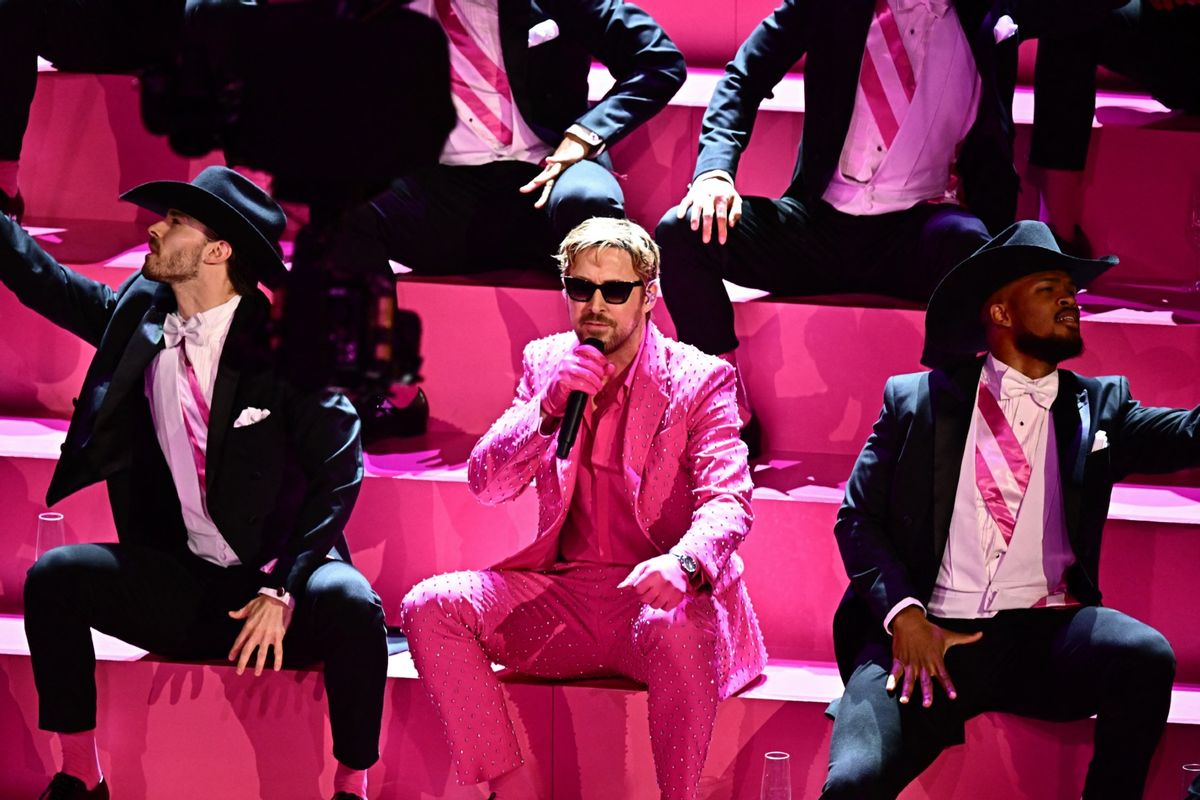 Ryan Gosling (C) performs "I'm Just Ken" from "Barbie" onstage during the 96th Annual Academy Awards at the Dolby Theatre in Hollywood, California on March 10, 2024. (PATRICK T. FALLON/AFP via Getty Images)