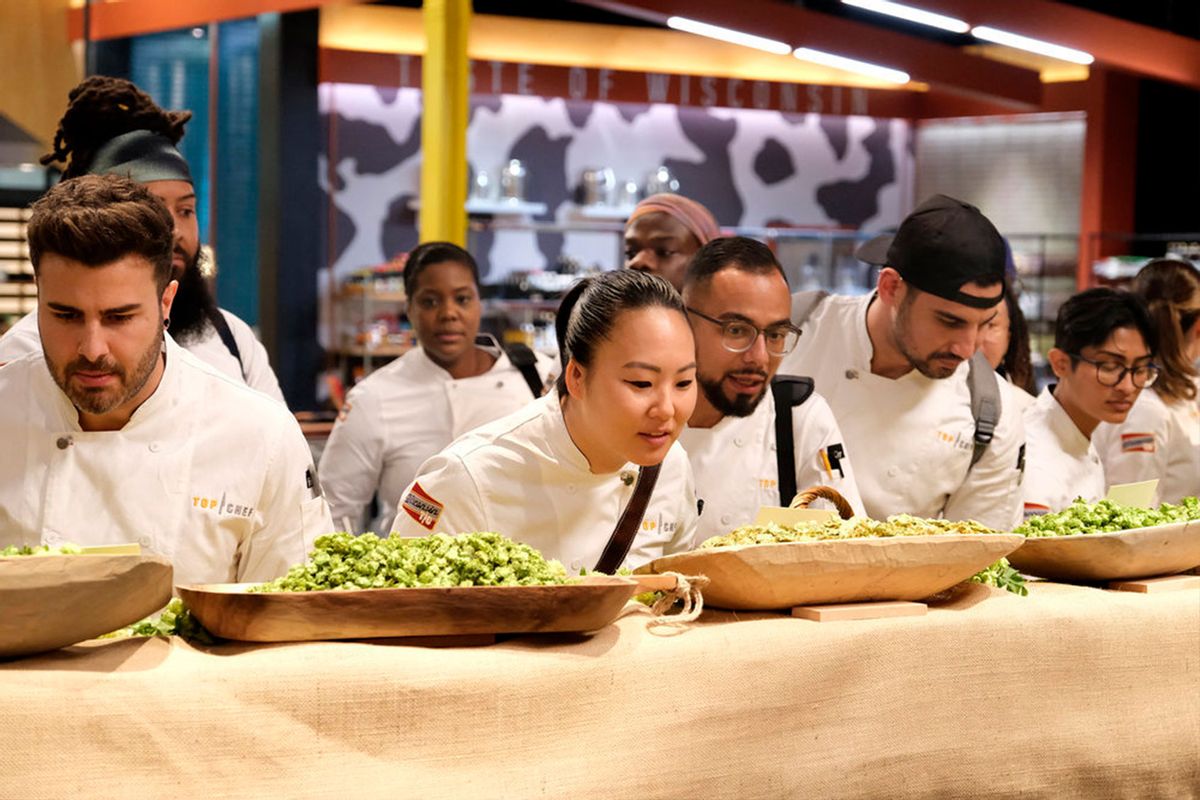 Kevin D’Andrea, Valentine Howell Jr., Michelle Wallace, Kaleena Bliss, Charly Pierre, Danny Garcia, Manuel "Manny" Barella Lopeza and Rasika Venkatesa on "Top Chef" (David Moir/Bravo)