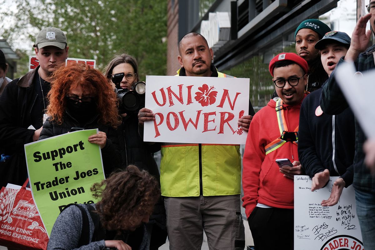 Trader Joe’s employees and union activists hold a rally at a Trader Joe’s in lower Manhattan in support of forming a union at the grocery store on April 18, 2023 in New York City. (Spencer Platt/Getty Images)