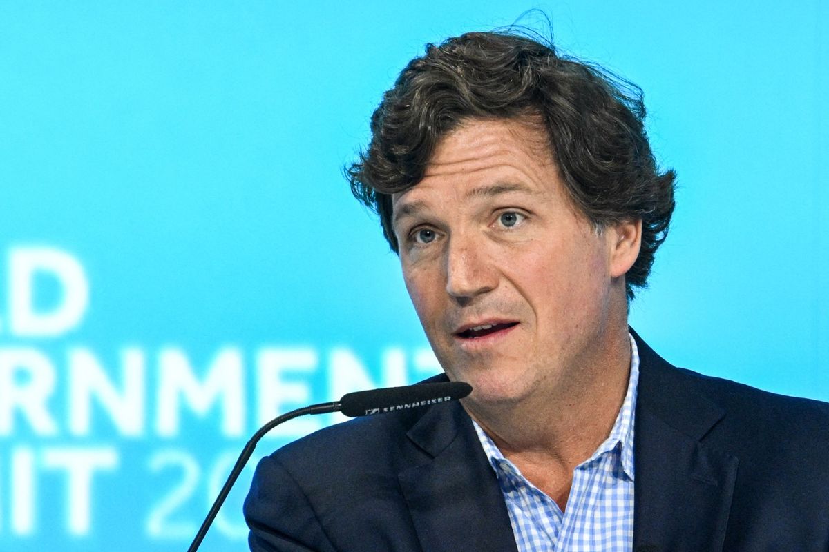 Tucker Carlson, U.S. television personality and founder of the Tucker Carlson Network, speaks at a panel session during the World Government Summit in Dubai on February 12, 2024. (RYAN LIM/AFP via Getty Images)