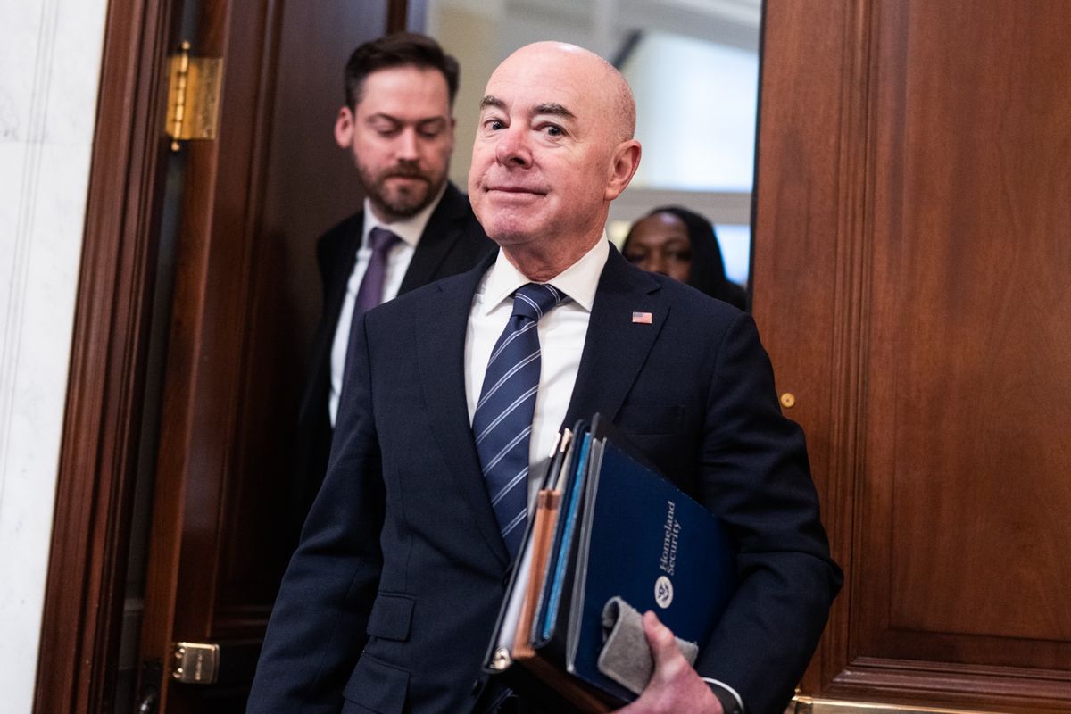 DHS Secretary Alejandro Mayorkas arrives for the House Homeland Security Committee hearing on the Fiscal Year 2025 budget request for the Department of Homeland Security, in Cannon Building on Tuesday, April 16, 2024. (Tom Williams/CQ-Roll Call, Inc via Getty Images)