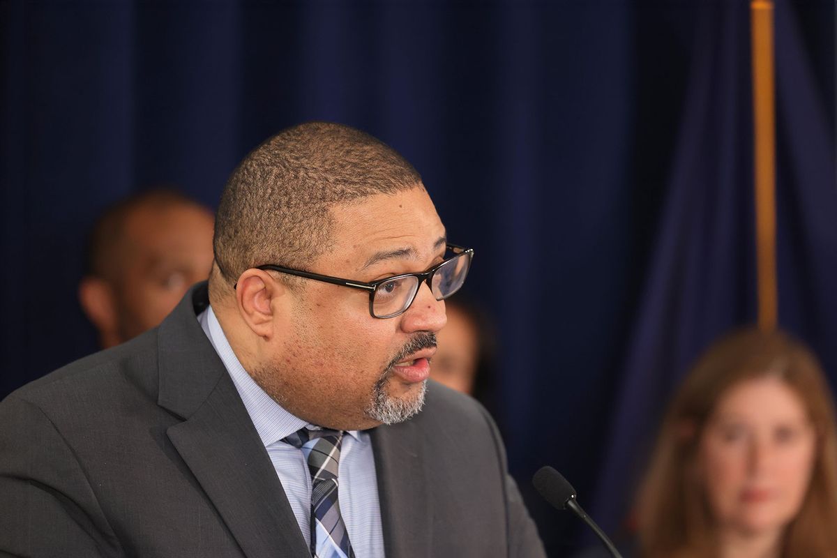 Manhattan District Attorney Alvin Bragg speaks during a press conference at the Louis J. Lefkowitz State Office Building on March 21, 2024 in New York City. (Michael M. Santiago/Getty Images)