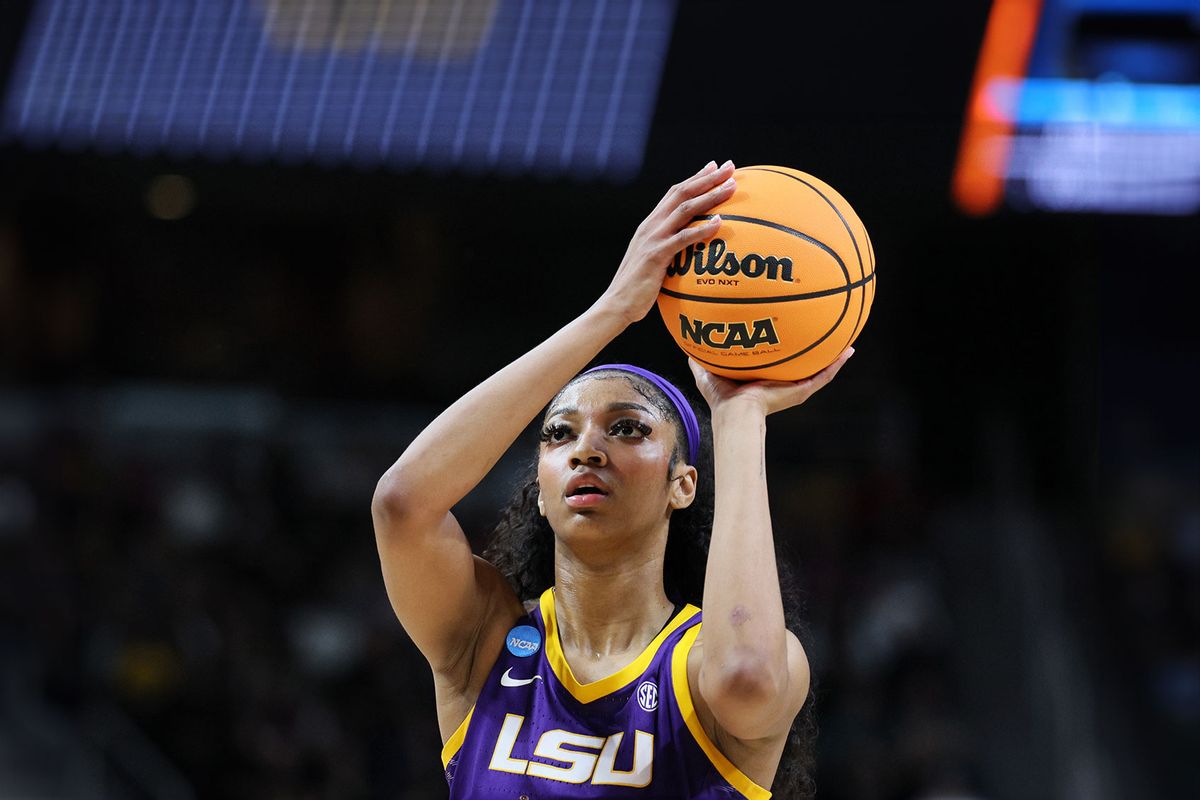 Angel Reese #10 of the LSU Tigers shoots the ball during the first half against the Iowa Hawkeyes in the Elite 8 round of the NCAA Women's Basketball Tournament at MVP Arena on April 01, 2024 in Albany, New York. (Andy Lyons/Getty Images)