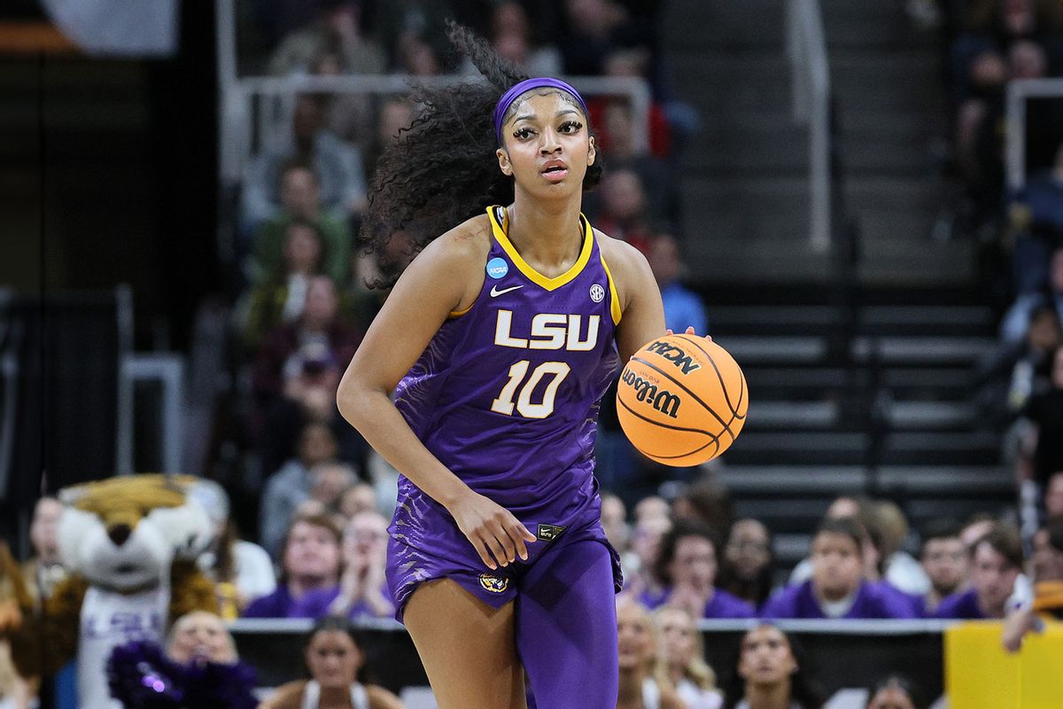 Angel Reese #10 of the LSU Tigers dribbles the ball during the game against the Iowa Hawkeyes in the Final of the NCAA Women's Basketball Tournament - Albany Regional at MVP Arena on April 01, 2024 in Albany, New York. (Andy Lyons/Getty Images)