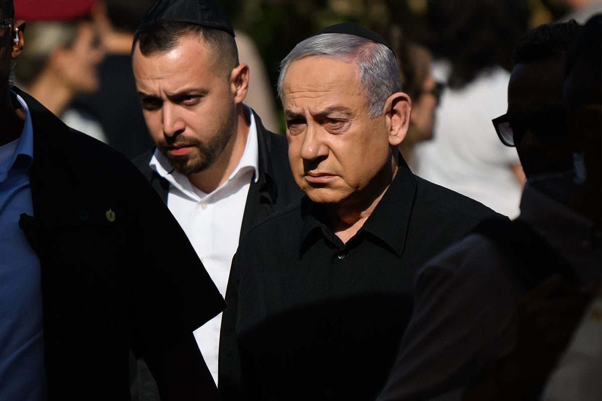 Israeli Prime Minister Benjamin Netanyahu attends the funeral for First Sergeant Major Gal Meir Eisenkot at the Herzliya cemetery on December 8, 2023 in Herzliya, Israel. (Alexi J. Rosenfeld/Getty Images)