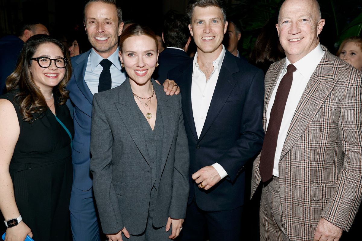 (L-R) Rachel Adler, Joe Machota, Scarlett Johansson, Colin Jost, and Bryan Lourd attend the CAA Kickoff Party for The White House Correspondents' Dinner Weekend at La Grande Boucherie on April 26, 2024 in Washington, DC.  (Paul Morigi/Getty Images for CAA)