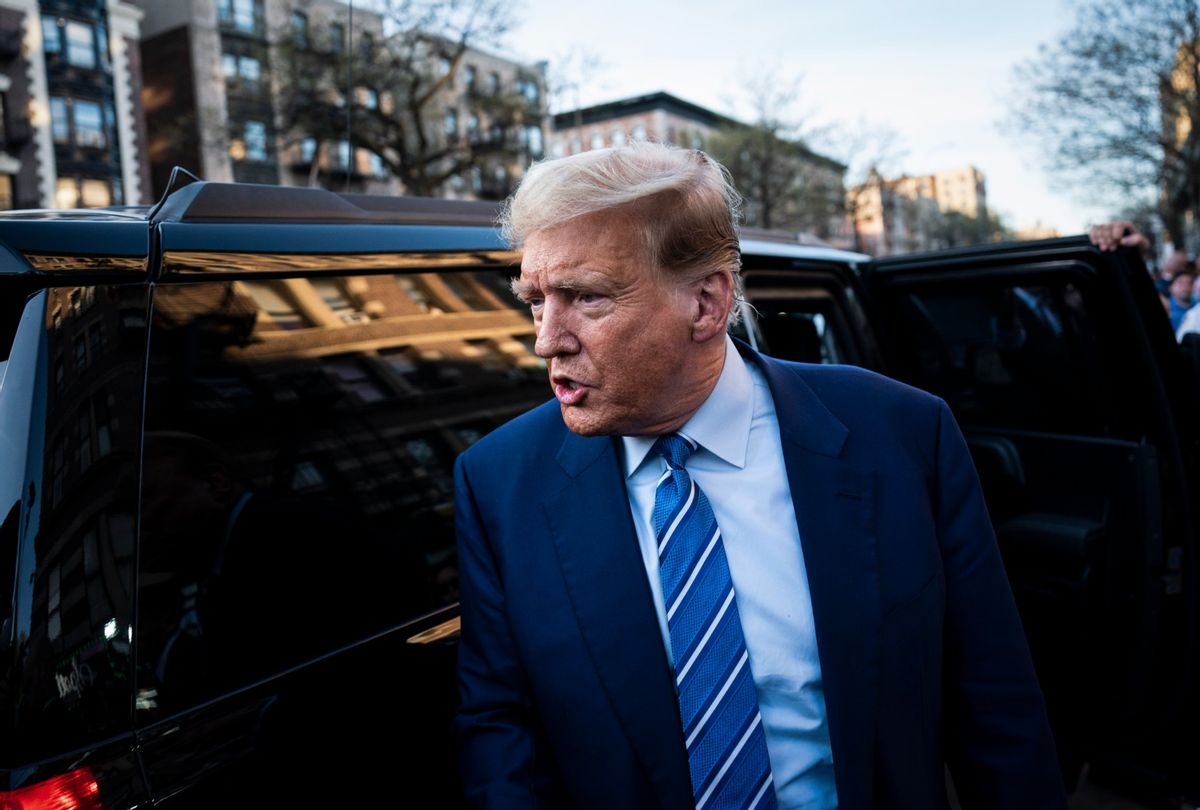 Former President Donald Trump departs after visiting a bodega in upper Manhattan, minutes after leaving Manhattan criminal court, in New York, NY on Tuesday, April 16, 2024.  (Jabin Botsford/The Washington Post via Getty Images)