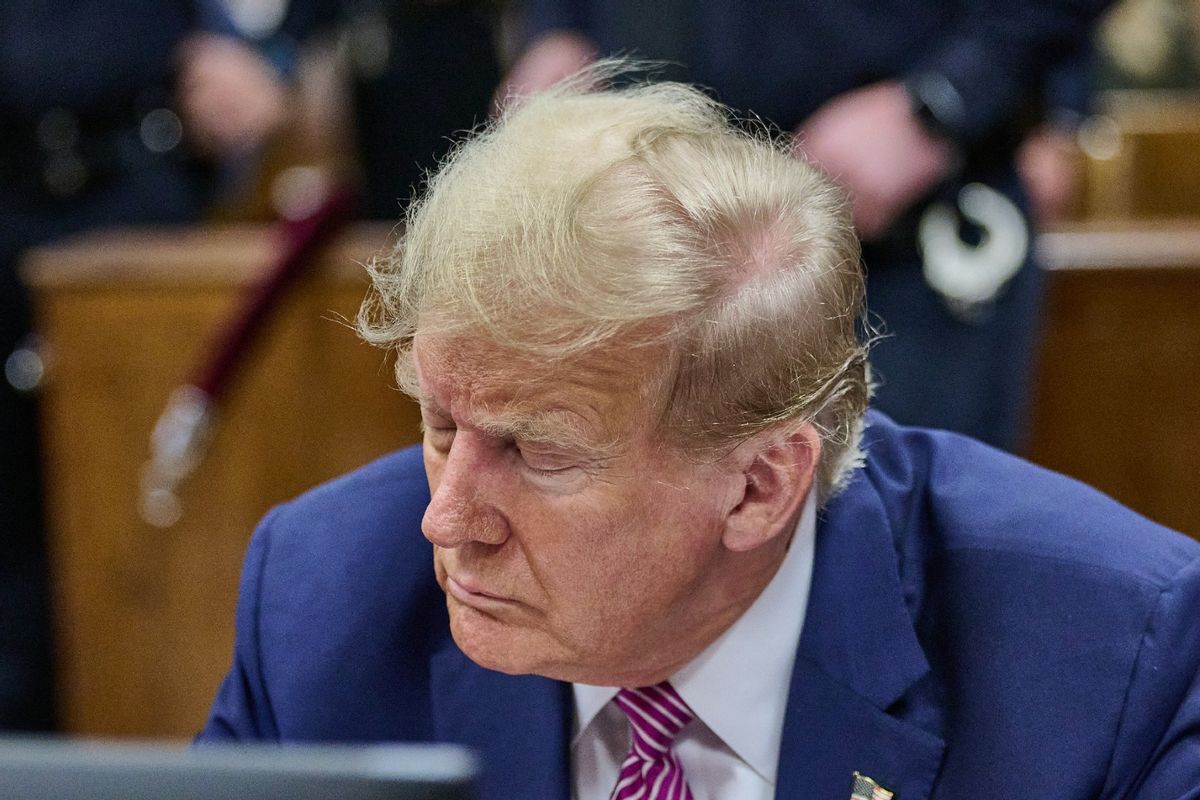Former U.S. President Donald Trump sits in a Manhattan Criminal Court for his trial for allegedly covering up hush money payments on April 19, 2024 in New York City. (Curtis Means - Pool/Getty Images)
