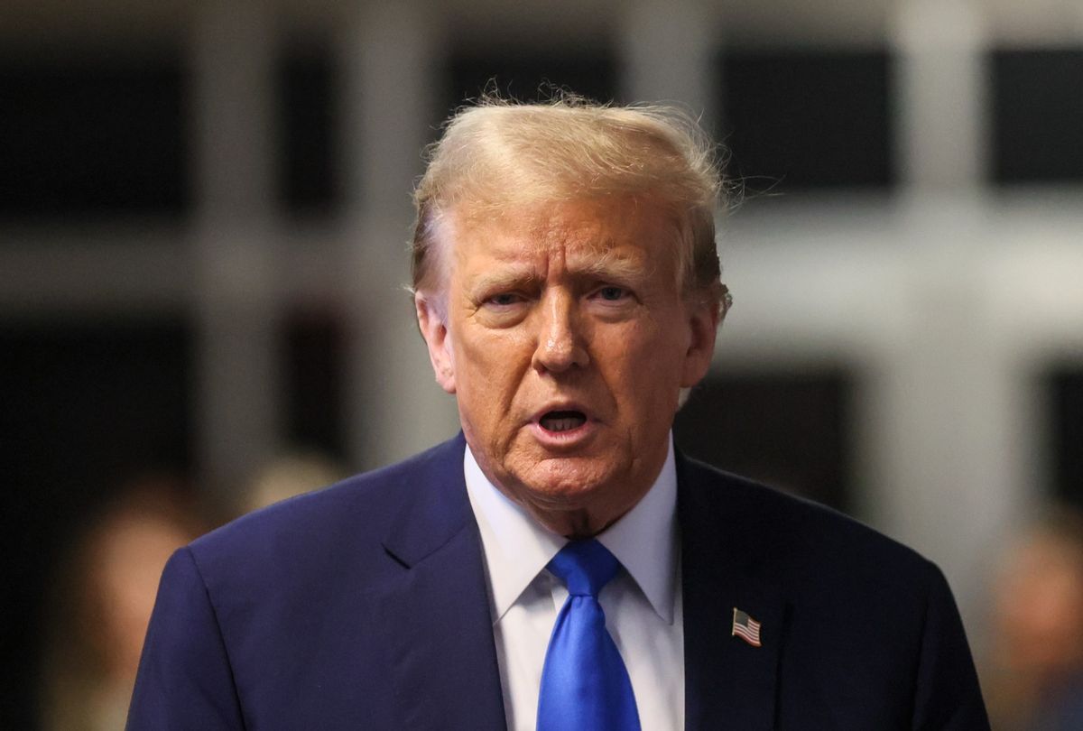 Former President Donald Trump speaks to the media outside of court during his trial for allegedly covering up hush money payments at Manhattan Criminal Court on April 22, 2024 in New York City. ( Brendan McDermid-Pool/Getty Images)