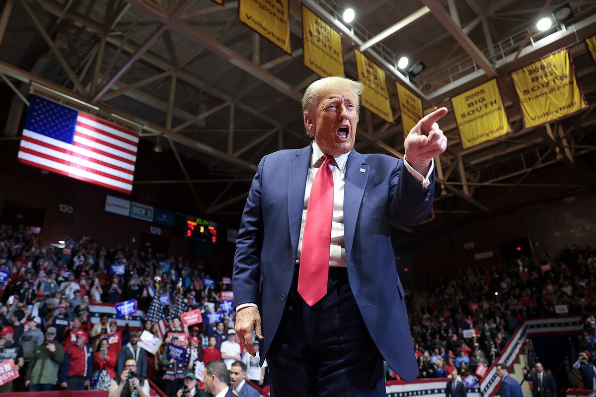 Republican presidential candidate and former President Donald Trump thanks supporters after speaking at a Get Out The Vote rally at Winthrop University on February 23, 2024 in Rock Hill, South Carolina. (Win McNamee/Getty Images)