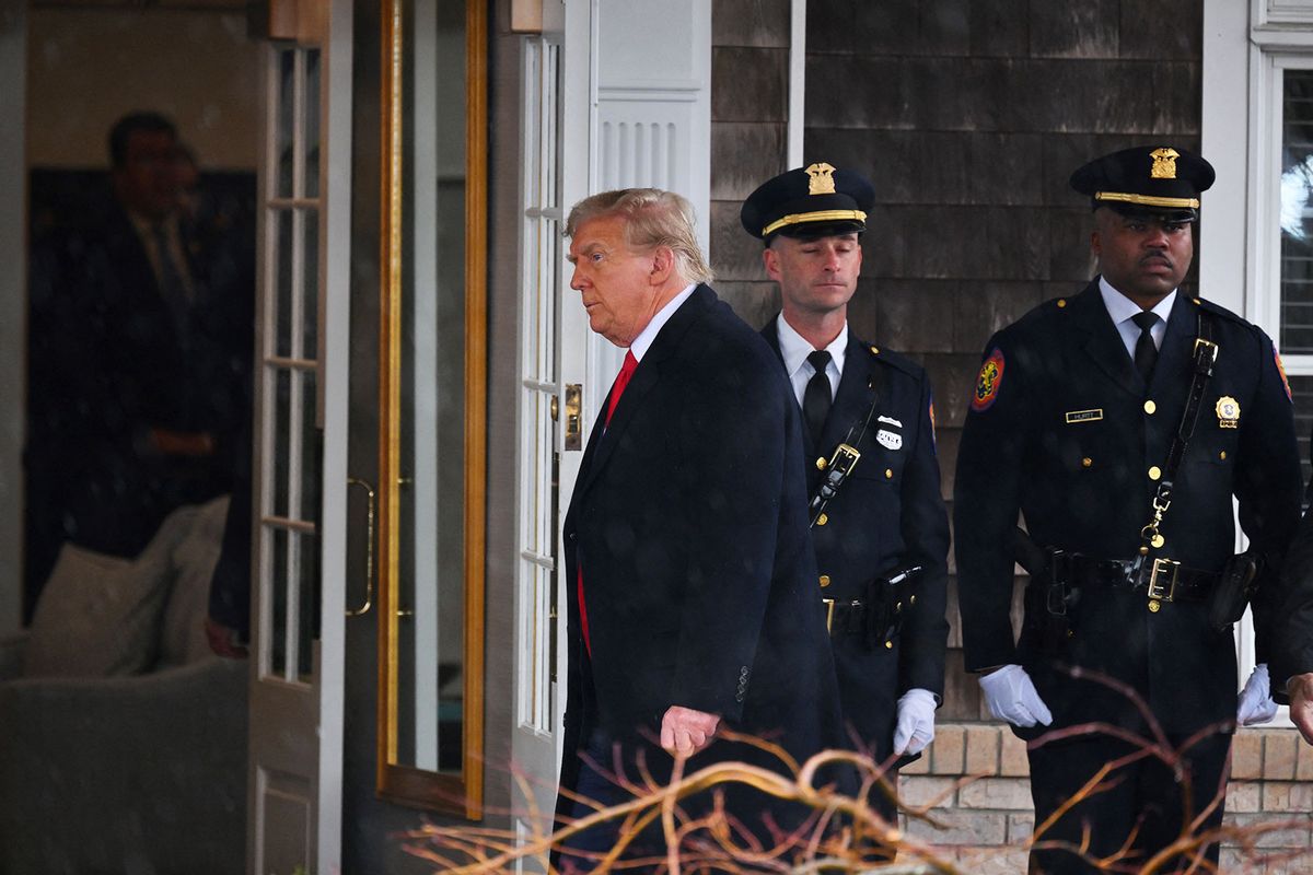 Former US President Donald Trump arrives to attend the wake for New York Police Department (NYPD) Officer Jonathan Diller in Massapequa, Long Island, New York, on March 28, 2024. (ANGELA WEISS/AFP via Getty Images)