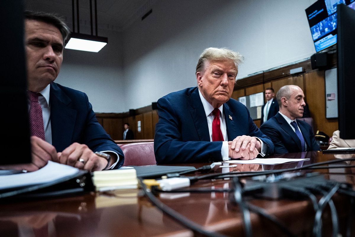 Former U.S. President Donald Trump (2L) appears with his legal team (L-R) Todd Blanche, and Emil Bove ahead of the start of jury selection at Manhattan Criminal Court on April 15, 2024 in New York City. (Jabin Botsford-Pool/Getty Images)