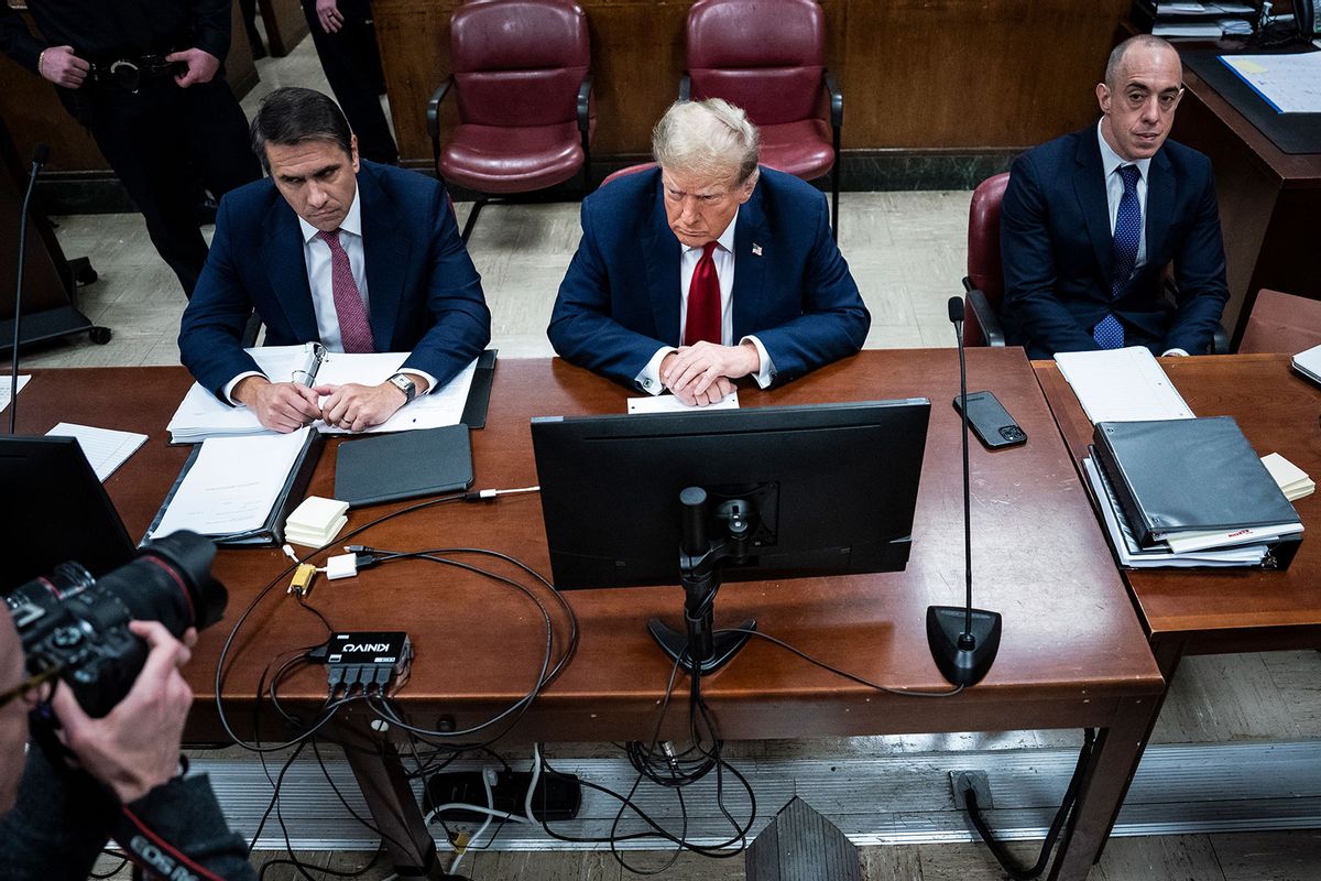 Former U.S. President Donald Trump (C) appears with his legal team Todd Blanche, and Emil Bove (R) ahead of the start of jury selection at Manhattan Criminal Court on April 15, 2024 in New York City. (Jabin Botsford-Pool/Getty Images)