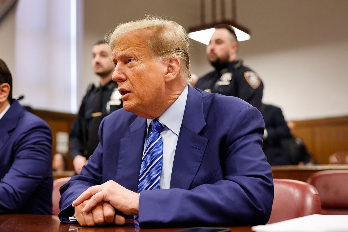 Former US President Donald Trump attends the second day of his trial for allegedly covering up hush money payments linked to extramarital affairs, at Manhattan Criminal Court in New York City on April 16, 2024. (MICHAEL M. SANTIAGO/POOL/AFP via Getty Images)