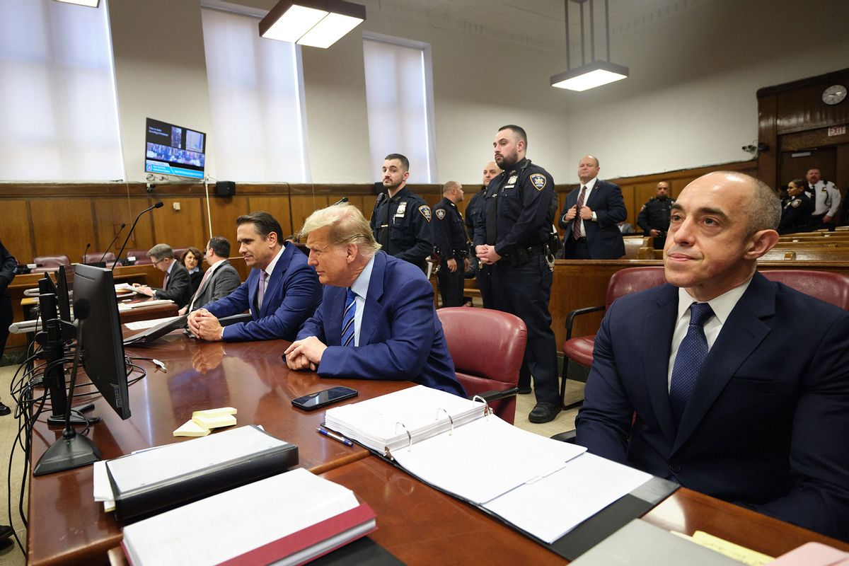 Former U.S. President Donald Trump attends jury selection with his attorneys Todd Blanche (L) and Emil Bove on the second day of his trial for allegedly covering up hush money payments at Manhattan Criminal Court on April 16, 2024 in New York City. (Curtis Means-Pool/Getty Images)