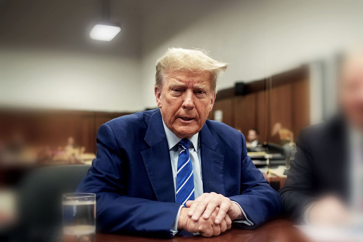 Former US President Donald Trump attends the second day of his trial for allegedly covering up hush money payments linked to extramarital affairs, at Manhattan Criminal Court in New York City on April 16, 2024. (MARK PETERSON/POOL/AFP via Getty Images)