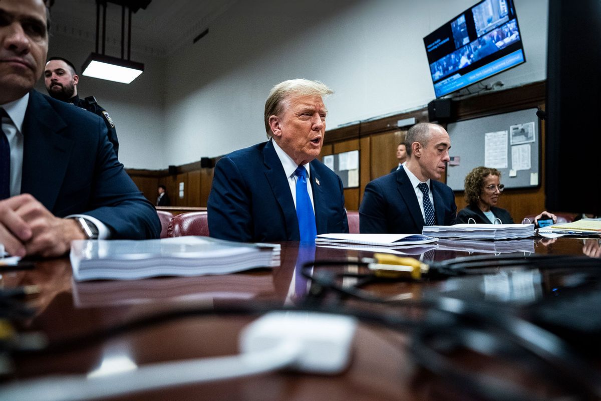 Former U.S. President Donald Trump (C), flanked by attorneys Todd Blanche (L) and Emil Bove (R), arrives for his criminal trial as jury selection continues at Manhattan Criminal Court on April 18, 2024 in New York City. (Jabin Botsford-Pool/Getty Images)