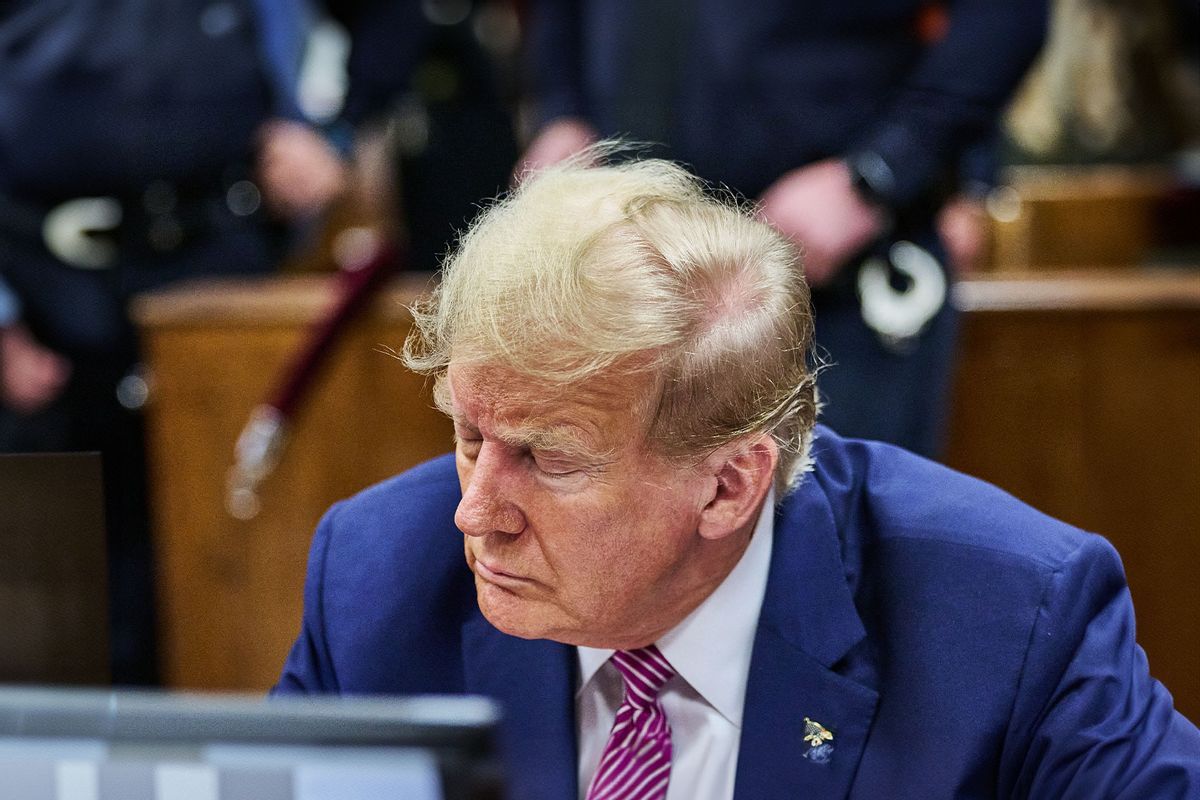 Former US President Donald Trump sits in a Manhattan Criminal Court for his trial for allegedly covering up hush money payments on April 19, 2024 in New York City. (Curtis Means - Pool/Getty Images)
