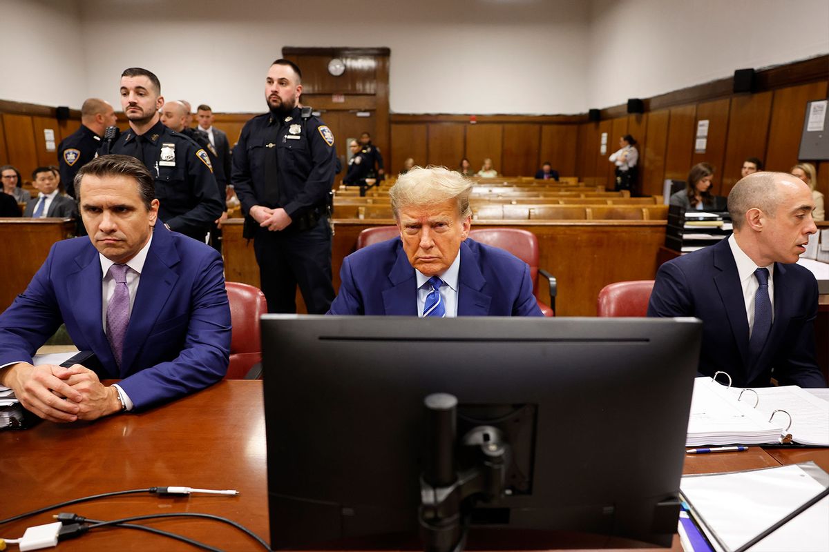 Former President Donald Trump sits in the courtroom alongside attorneys Todd Blanche (L) and Emil Bove (R) during the second day of his criminal trial at Manhattan Criminal Court on April 16, 2024 in New York City. (Michael M. Santiago/Getty Images)