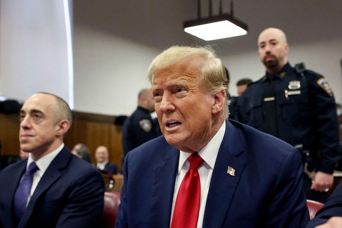 Former US President Donald Trump attends his trial for allegedly covering up hush money payments linked to extramarital affairs, at Manhattan Criminal Court in New York City on April 25, 2024. (SPENCER PLATT/POOL/AFP via Getty Images)
