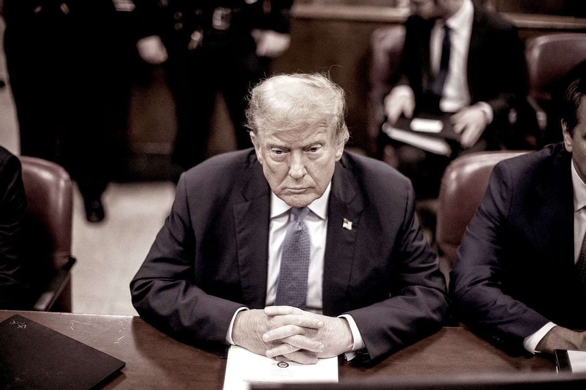 Former US President Donald Trump attends his trial for allegedly covering up hush money payments linked to extramarital affairs, at Manhattan Criminal Court in New York City on April 26, 2024. (DAVE SANDERS/POOL/AFP via Getty Images)