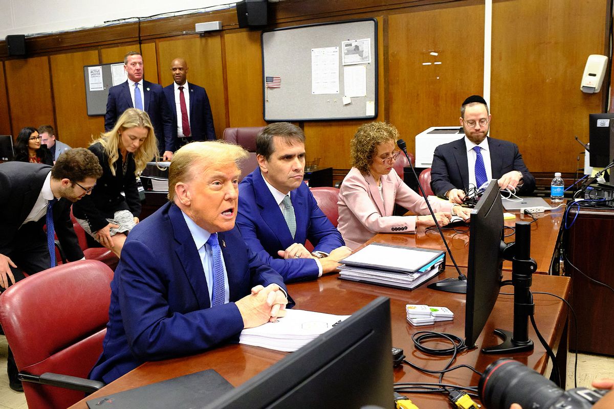 Former U.S. President Donald Trump with attorneys (L-R) Todd Blanche, Susan Necheles, and Gedalia M. Stern appears in court during his trial for allegedly covering up hush money payments at Manhattan Criminal Court on April 26, 2024 in New York City. (Curtis Means-Pool/Getty Images)