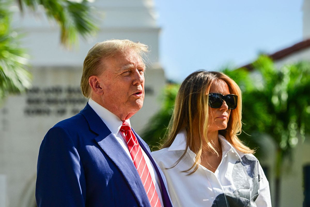 Former US President and Republican presidential candidate Donald Trump (L) and former First Lady Melania Trump arrive to vote in Florida's primary election at a polling station at the Morton and Barbara Mandel Recreation Center in Palm Beach, Florida, on March 19, 2024. (GIORGIO VIERA/AFP via Getty Images)
