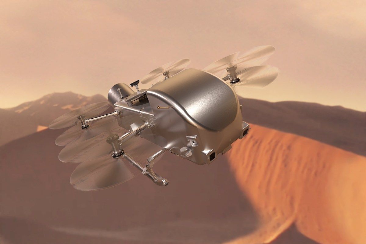 Artist’s concept of Dragonfly soaring over the dunes of Saturn’s moon Titan. (NASA/Johns Hopkins APL/Steve Gribben)