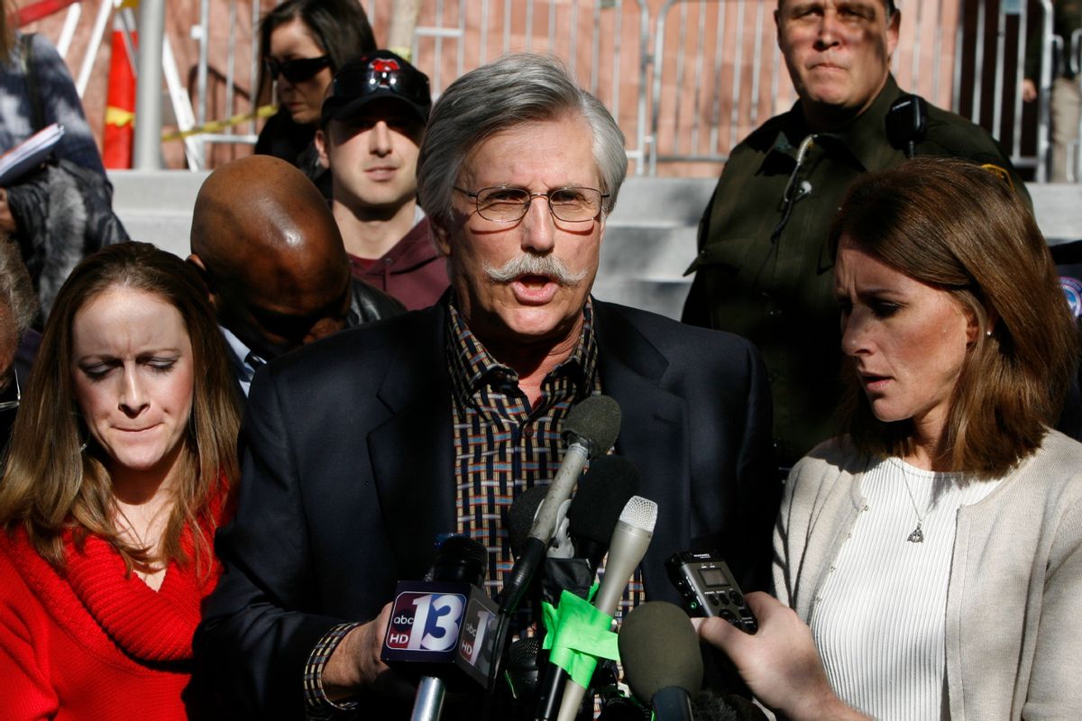 Fred Goldman (C), father of Ron Goldman, speaks to reporters after O.J. Simpson's sentencing as Lauren Luebker (L) and Kim Goldman (R) Ron Goldman's sister, listen at the Clark County Regional Justice Center December 5, 2008 in Las Vegas, Nevada. (Issac Brekken-Pool/Getty Images)