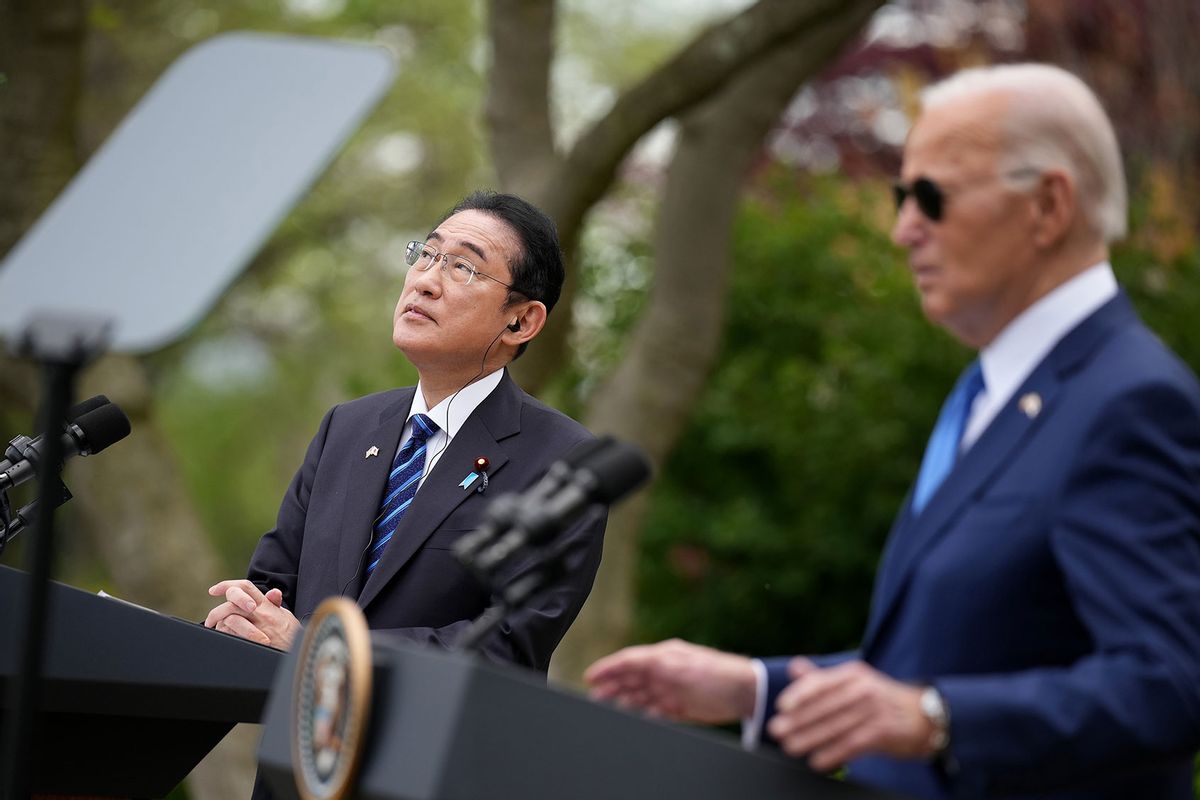 U.S. President Joe Biden (R) and Japanese Prime Minister Fumio Kishida hold a joint press conference in the Rose Garden at the White House on April 10, 2024 in Washington, DC. (Andrew Harnik/Getty Images)