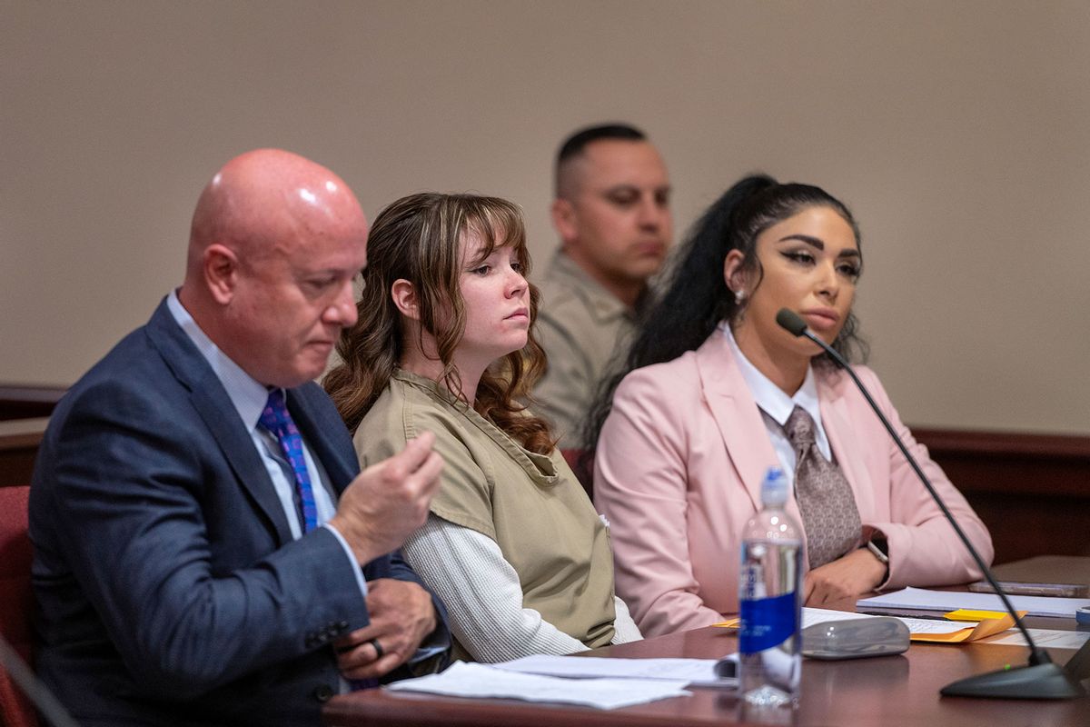 Hannah Gutierrez Reed, ceneter, with her attorney Jason Bowles and paralegal Carmella Sisneros appear during her sentencing hearing in First District Court, on April 15, 2024 in Santa Fe, New Mexico. (Eddie Moore-Pool/Getty Images)