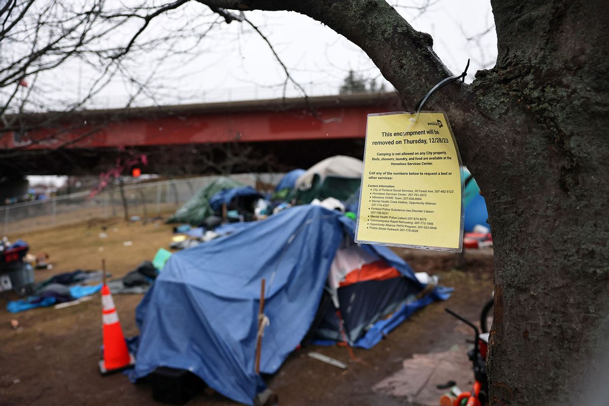 December 28, 2023: A plan to sweep the homeless encampment at Harbor View Park on Thursday was postponed due to wet weather. (Ben McCanna/Portland Press Herald via Getty Images)