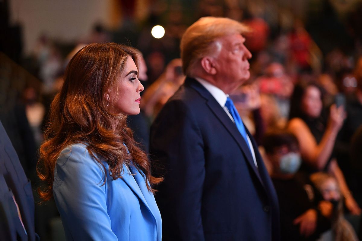Hope Hicks, senior adviser to the president and US President Donald Trump(R) attend services at the International Church of Las Vegas in Las Vegas, Nevada, where he was blessed by church members on October 18, 2020. (MANDEL NGAN/AFP via Getty Images)