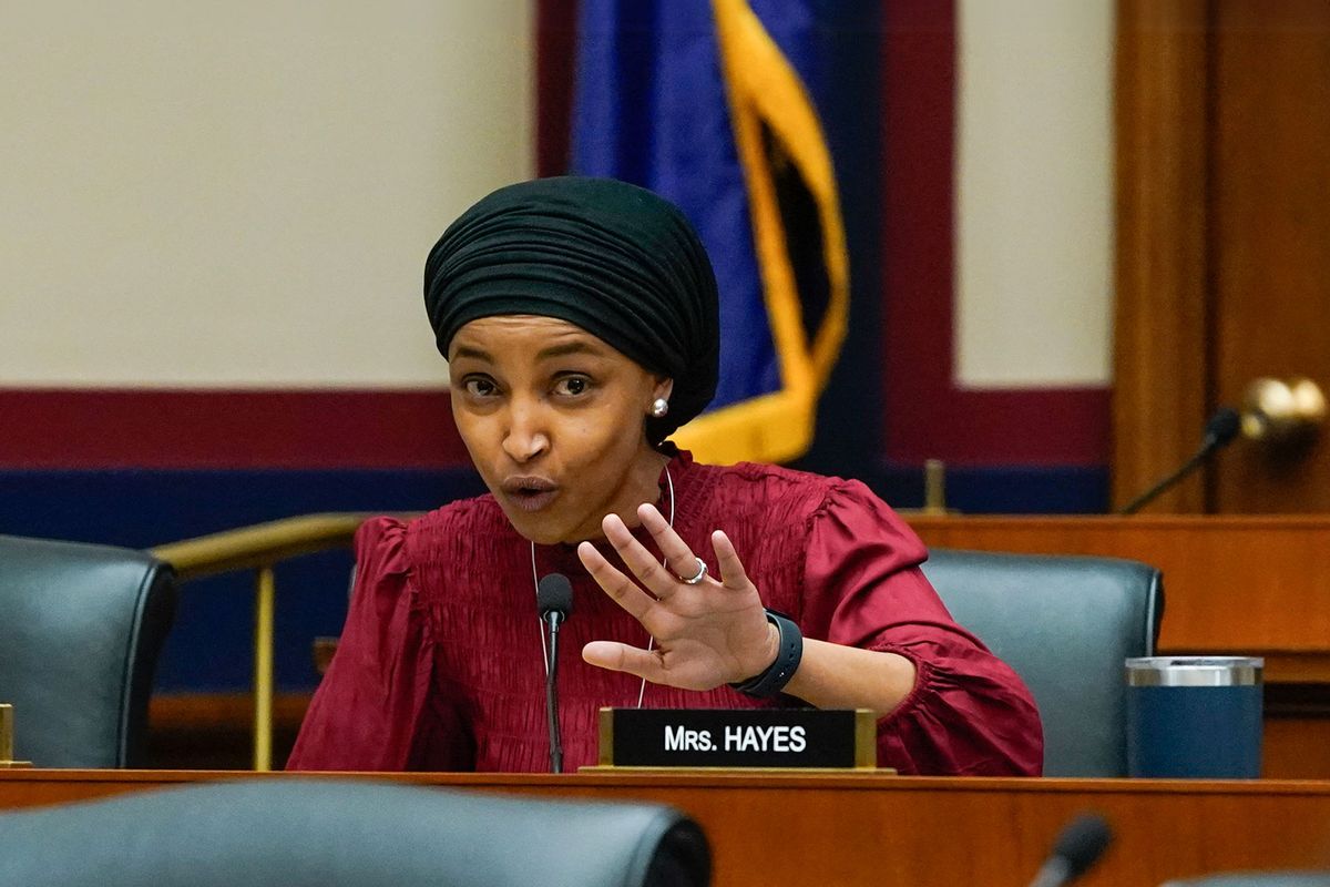 US Representative Ilhan Omar, Democrat of Minnesota, questions witnesses during a House Committee on Education and the Workforce hearing about antisemitism on college campuses, on Capitol Hill in Washington, DC, on April 17, 2024. (DREW ANGERER/AFP via Getty Images)