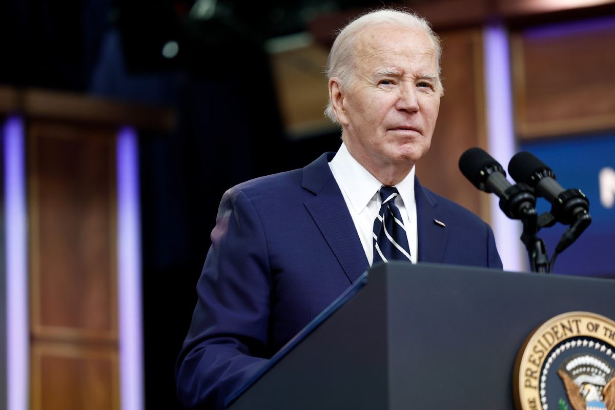 U.S. President Joe Biden gives remarks virtually to the National Action Network Convention from the South Court Auditorium in the Eisenhower Executive Office Building on the White House campus on April 12, 2024 in Washington, DC. (Anna Moneymaker/Getty Images)