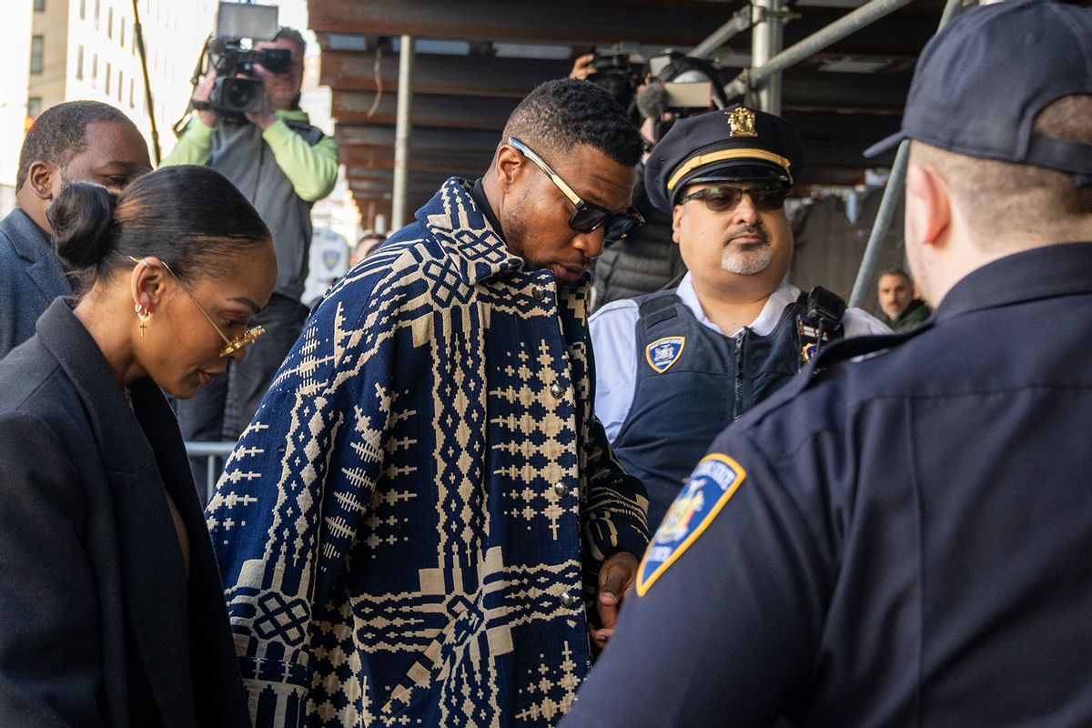 Actor Jonathan Majors arrives with girlfriend Meagan Good for sentencing in his domestic abuse case at Manhattan Criminal Court on April 8, 2024 in New York City. (David Dee Delgado/Getty Images)