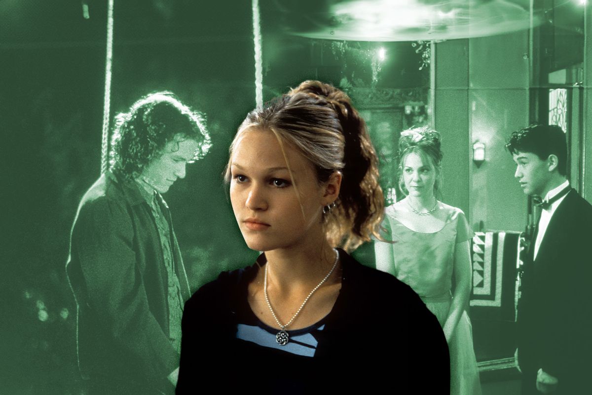 Julia Stiles In '10 Things I Hate About You,' with Heath Ledger, Larisa Oleynik and Joseph Gordon-Levitt in the background. (Photo illustration by Salon/Getty Images)