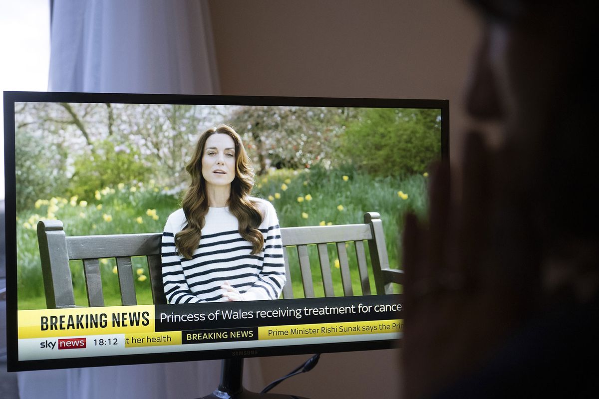 A view of breaking news on television is announced that Princess of Wales, Kate Middleton is diagnosed with cancer and receive treatment in London, United Kingdom on March 22, 2024. (Rasid Necati Aslim/Anadolu via Getty Images)
