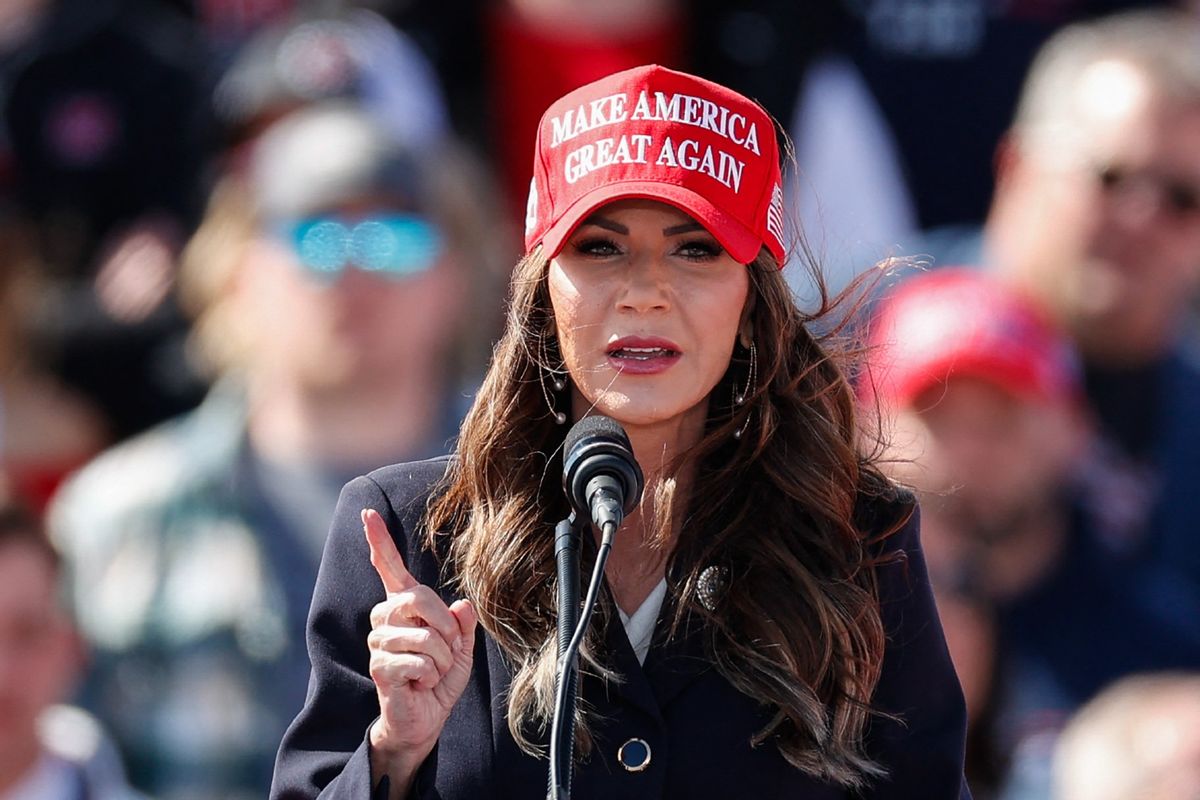 South Dakota Governor Kristi Noem speaks before former U.S. President and Republican presidential candidate Donald Trump takes the stage during a Buckeye Values PAC Rally in Vandalia, Ohio, on March 16, 2024. (KAMIL KRZACZYNSKI/AFP via Getty Images)
