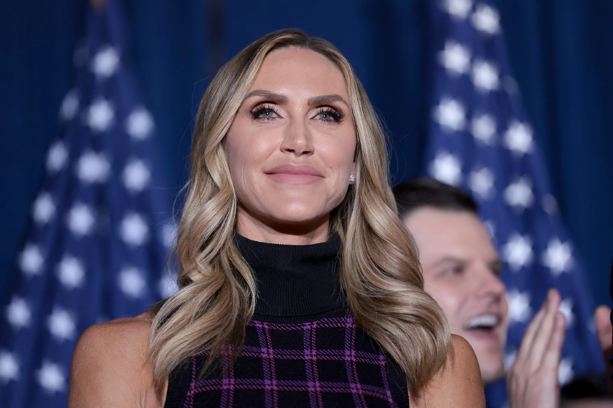 Lara Trump on stage as Republican presidential candidate and former President Donald Trump speaks during an election night watch party at the State Fairgrounds on February 24, 2024 in Columbia, South Carolina. (Win McNamee/Getty Images)